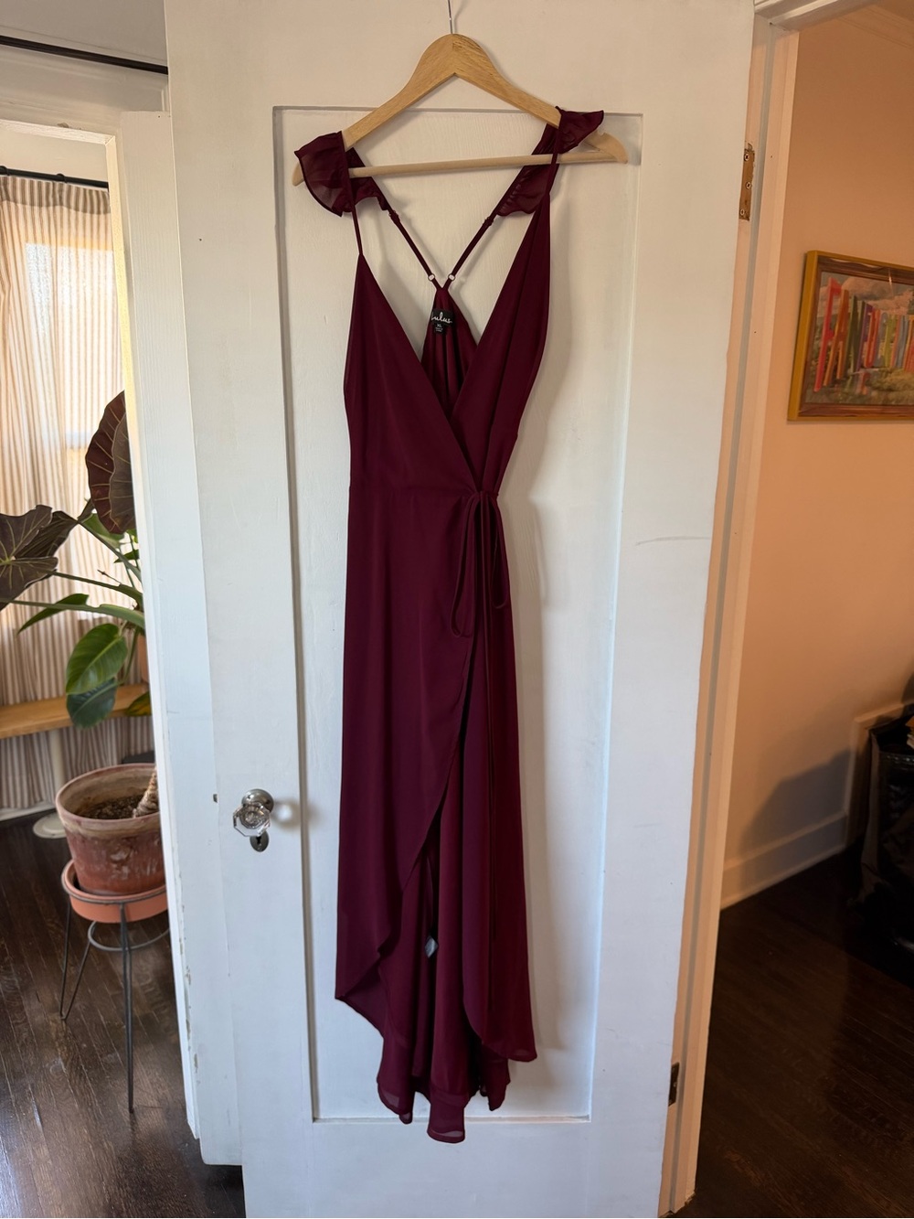 Lulu's Burgundy Ruffle-Shoulder Wrap Maxi Dress